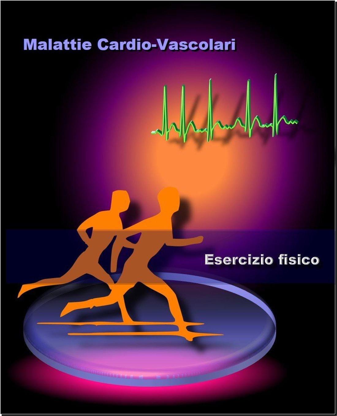 Tavola sulle malattie cardiovascolari e l'esercizio fisico: un tracciato elettrocardiografico sopra due figure che corrono